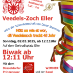 Das Bild zeigt ein buntes Plakat für den Veedels-Zoch Eller 2025. Oben links befindet sich das rote Wappen von Eller mit zwei Karnevalsmasken. Daneben steht: „Ausschank Schlüssel Alt 0,2L – 2,00 €“ mit dem Schlüssel-Alt-Logo. Der zentrale Text lautet: „Veedels-Zoch Eller unter der Schirmherrschaft von Dieter Stammler Hütt on wie et wor, dä Veedelszoch treckt 45 Johr Sonntag, 02.03.2025, ab 12:11 Uhr Auf dem Gertrudisplatz Eller Biwak ab 12:11 Uhr“ Unten wird auf besondere Gäste hingewiesen: das Düsseldorfer Prinzenpaar „Prinz Andreas I. & Venetia Evelyn“ sowie „Wimmer und der Band“. Am rechten Rand sind bunte Luftschlangen abgebildet. Das Design ist farbenfroh und karnevalistisch gestaltet.